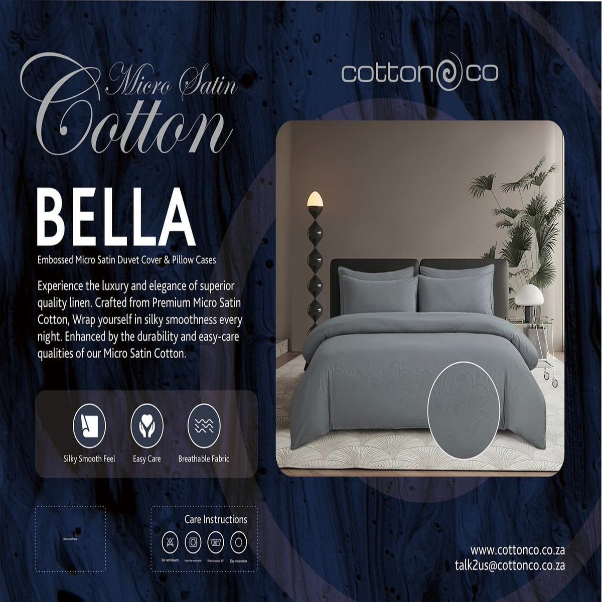 Cotton Co Duvet Cover Single Cotton Co Bella Grey Embossed Micro Satin Duvet Cover Set (7811163881561)
