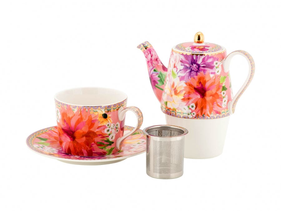 Maxwell & Williams MUGS Maxwell & Williams Dahlia Daze Tea for One With Infuser 340ML Pink 340ml HV0353 (7269073191001)