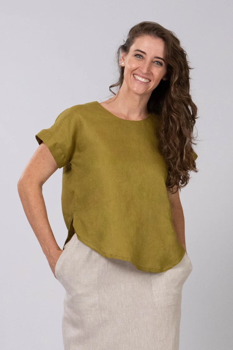 De Tiamo Skye Linen Top-Olive ST1-OG