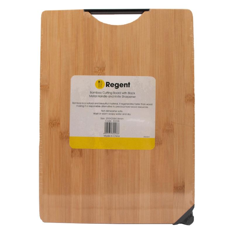 Regent Bamboo Cutting Board With Black Metal Handle And Knife Sharpener 355x258x18mm 30228 (4747639062617)