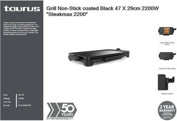 Taurus GRILL Taurus Grill Non-Stick Coated Black 47 X 29cm 2200W Steakmax (6806752198745)