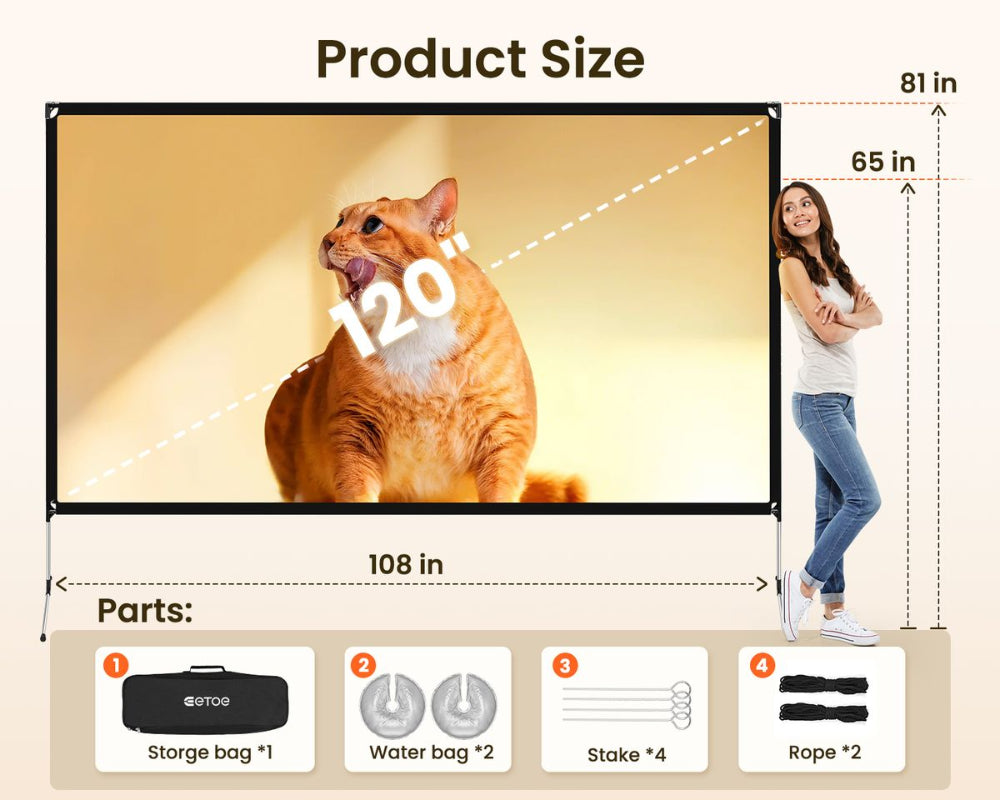 ETOE PROJECTOR SCREEN Etoe 120 inch portable projector screen 4k 16:9 with stand and carry bag CE-120W