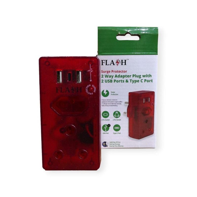 FLASH Surge Protector 2 Way Adapter Plug with 2 USB Ports & Type C Por