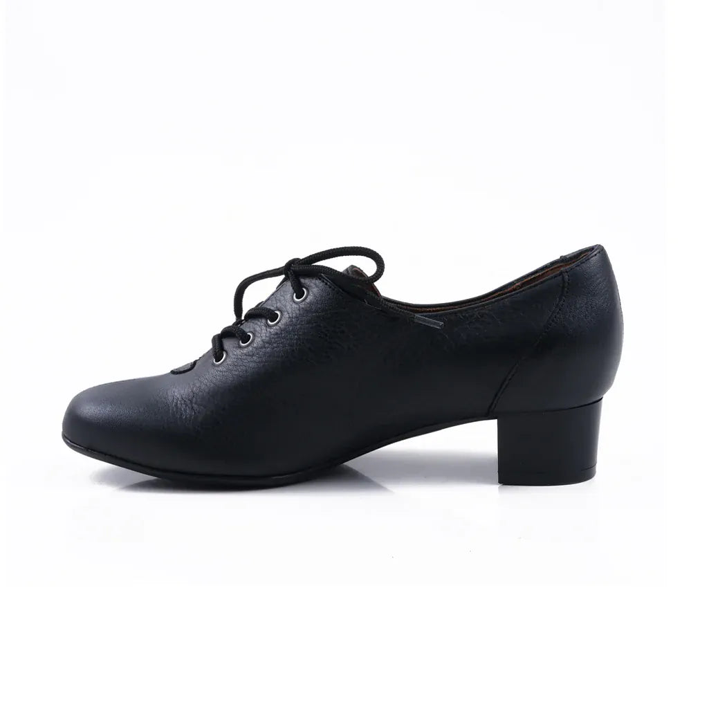 Froggie Women's Leather Block Heel Lace Up Court Shoe-Black 11407.374-100