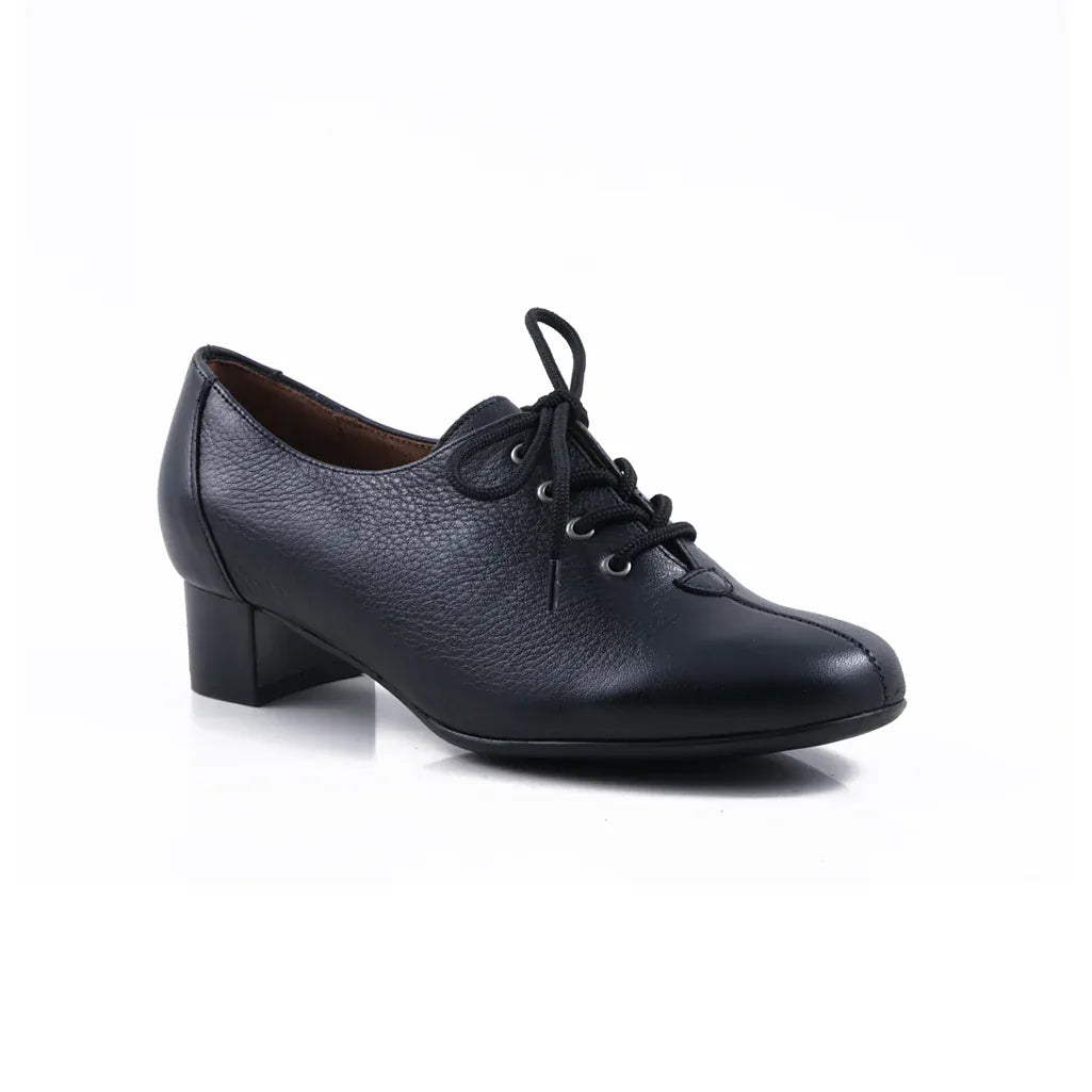 Froggie Women's Leather Block Heel Lace Up Court Shoe-Black 11407.374-100