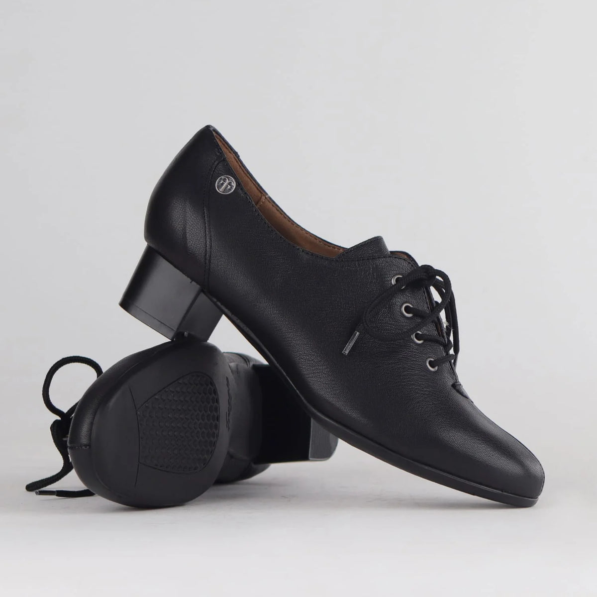 Froggie Women's Leather Block Heel Lace Up Court Shoe-Black 11407.374-100