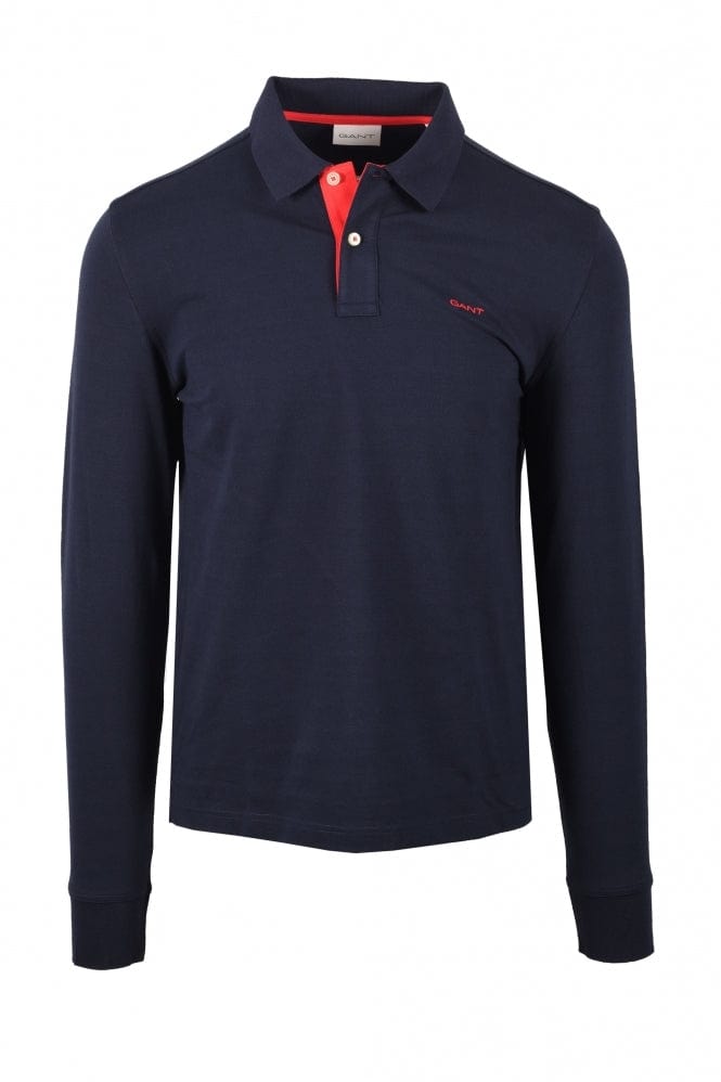 Gant Golf T Shirt GANT Contrast Pique Long Sleeved Polo Shirt Evening Blue
