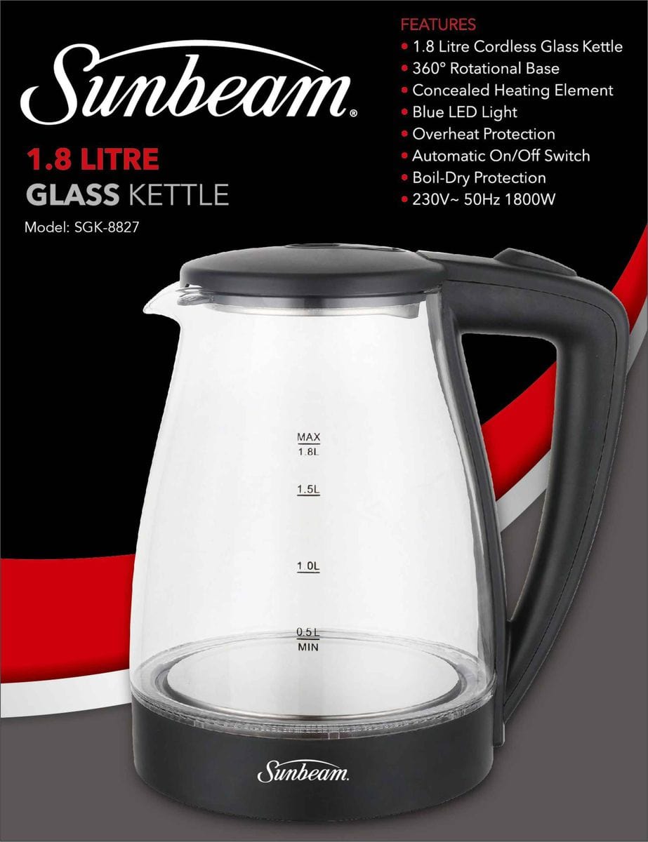 Goldair KETTLE Sunbeam 1.8L Cordless Glass Kettle Black SGK-8827