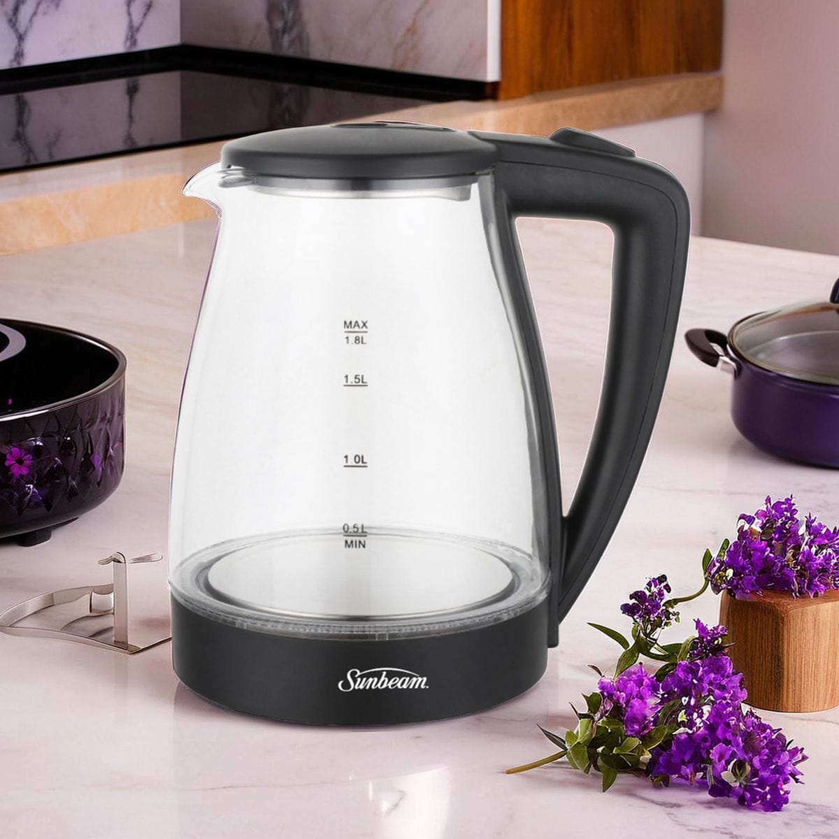 Goldair KETTLE Sunbeam 1.8L Cordless Glass Kettle Black SGK-8827