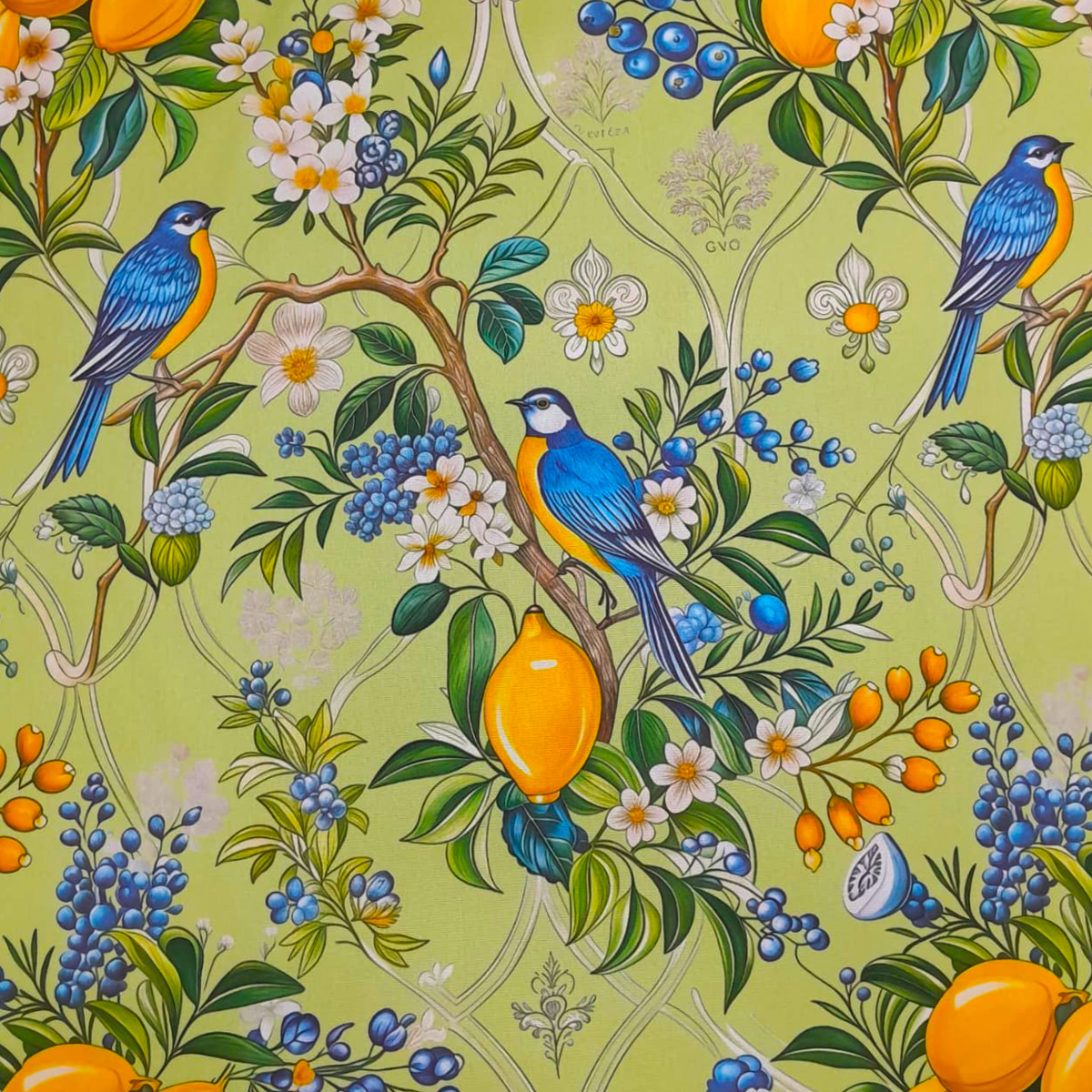 Fabric Printed Mini Matt Birds/Lemons 140 cm.