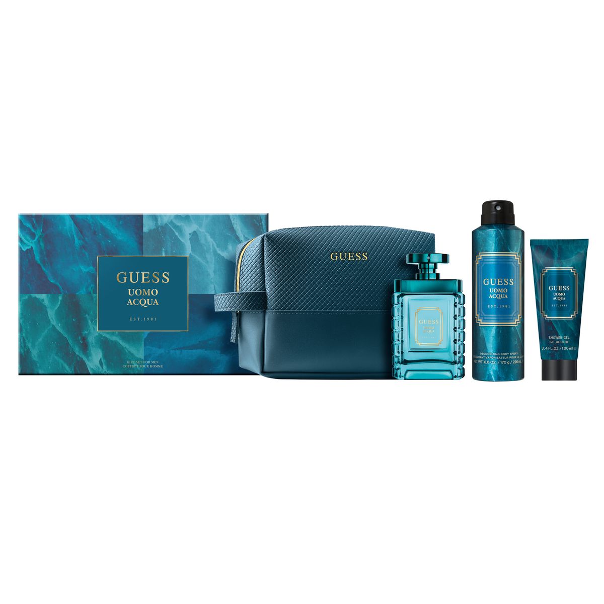 Guess Fragrance Guess Uomo Aqua Set 100ml Edt +100ml Showergel + 236ml Body Spray + Pouch