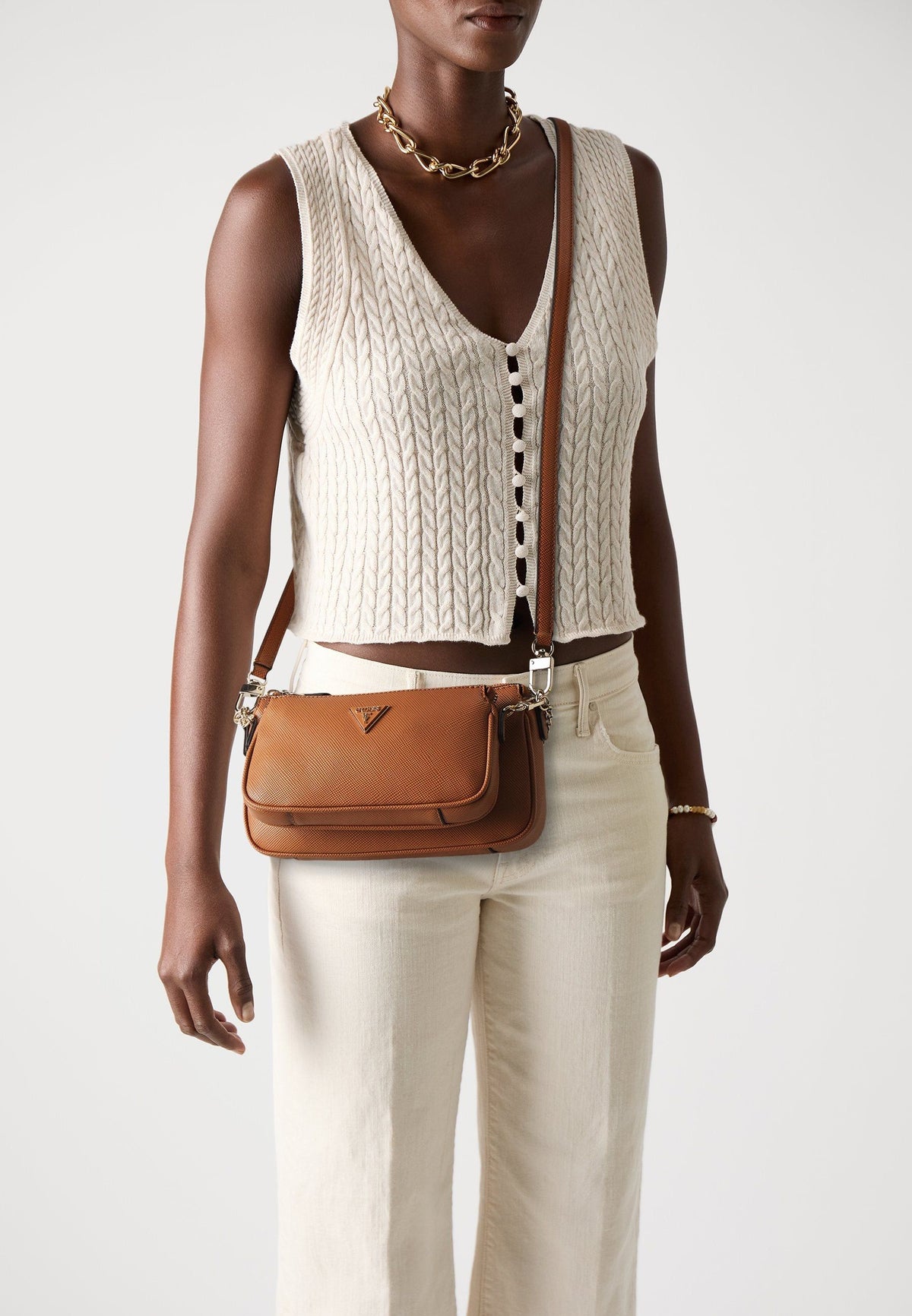 Guess Handbag Guess Noelle II Mini Double Pouch Crossbody Light Cognac ZG967271