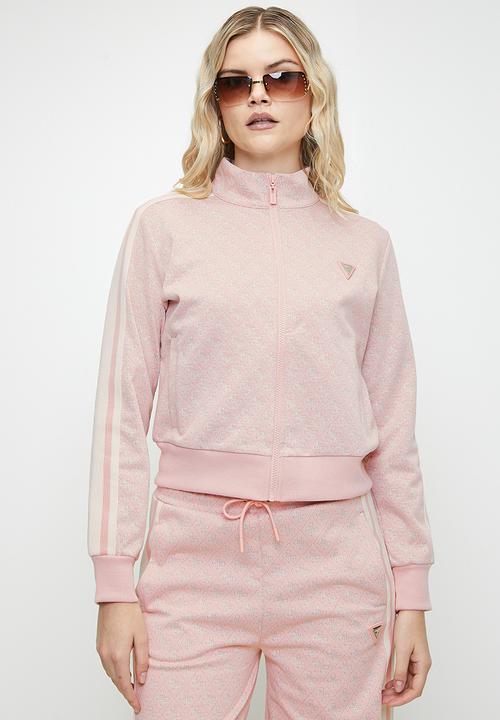 Guess Ladies Sweater Guess Jean G Logo Full Zip SweaterShirt-4G Rhombus Pink Roses