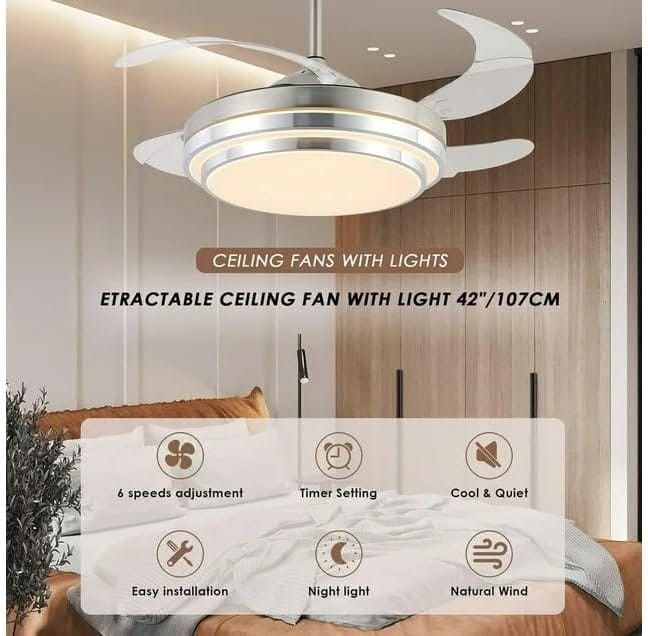 Hello Today Ceiling Fan Retractable Ceiling Fan Light Double Aluminium Silver F8605-500