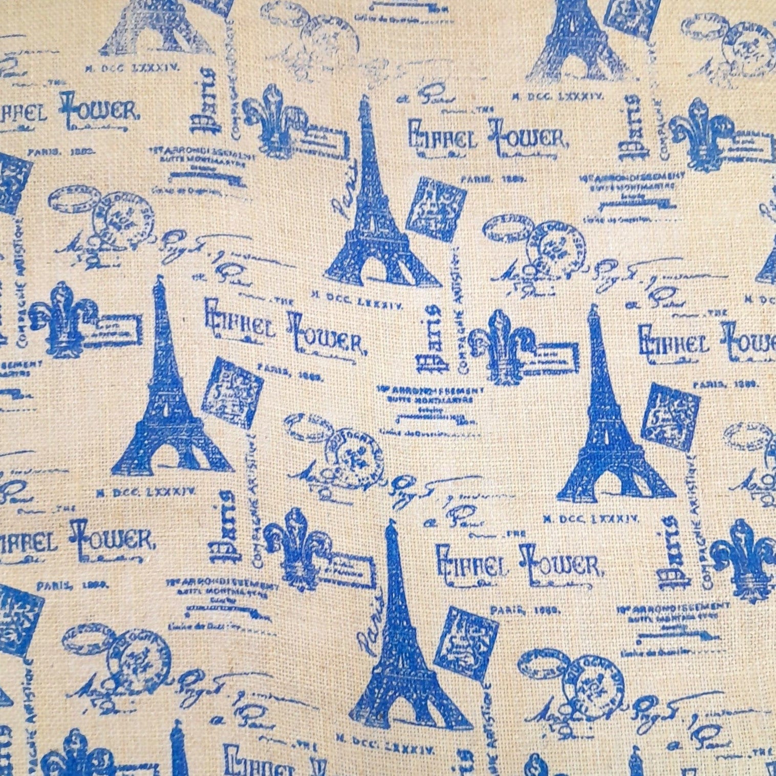 Hessian Hessian Printed Hessian Eiffel Tower Light Blue 140cm