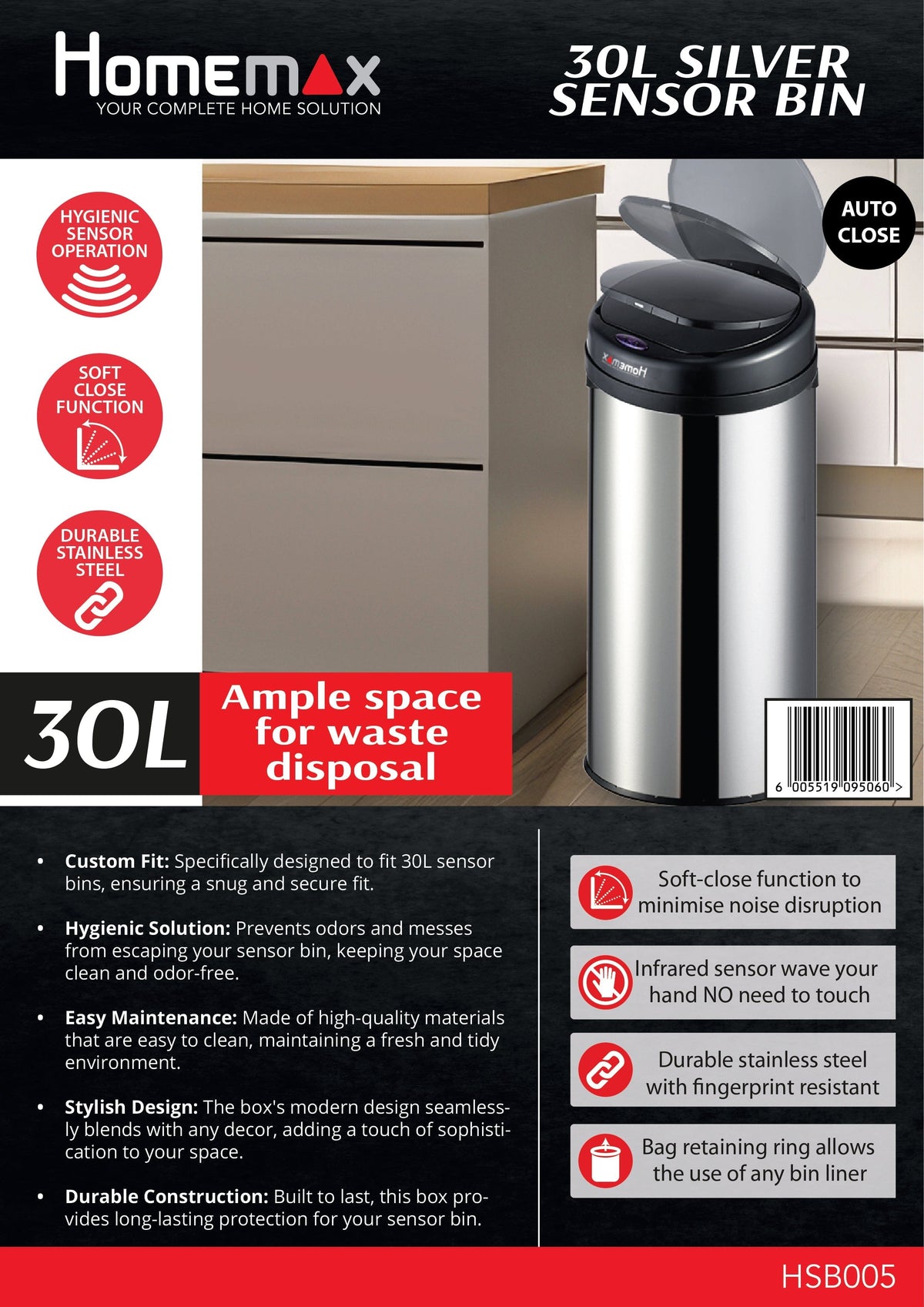Homemax Bin Homemax 30L Silver Sensor Bin Round HSB005