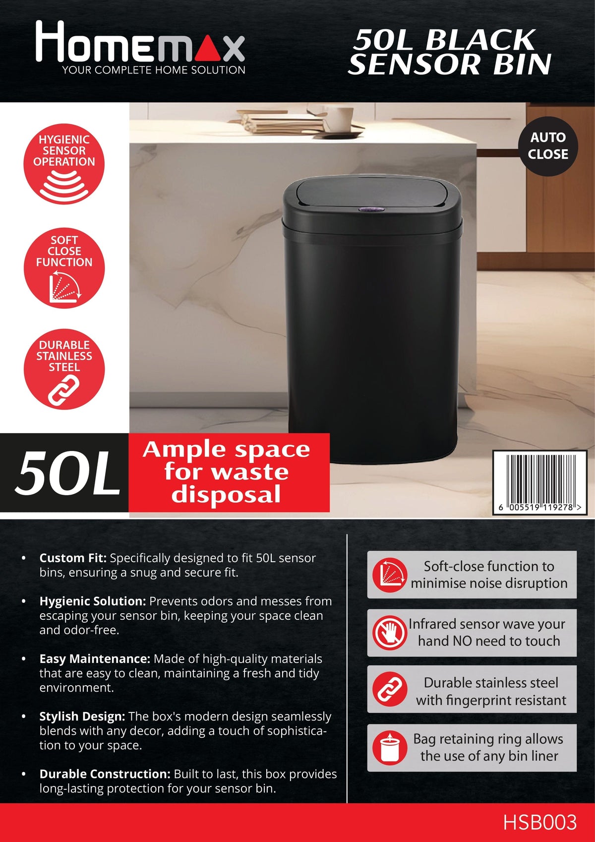 Homemax Bin Homemax 50L Black Sensor Bin HSB003 (7664332963929)
