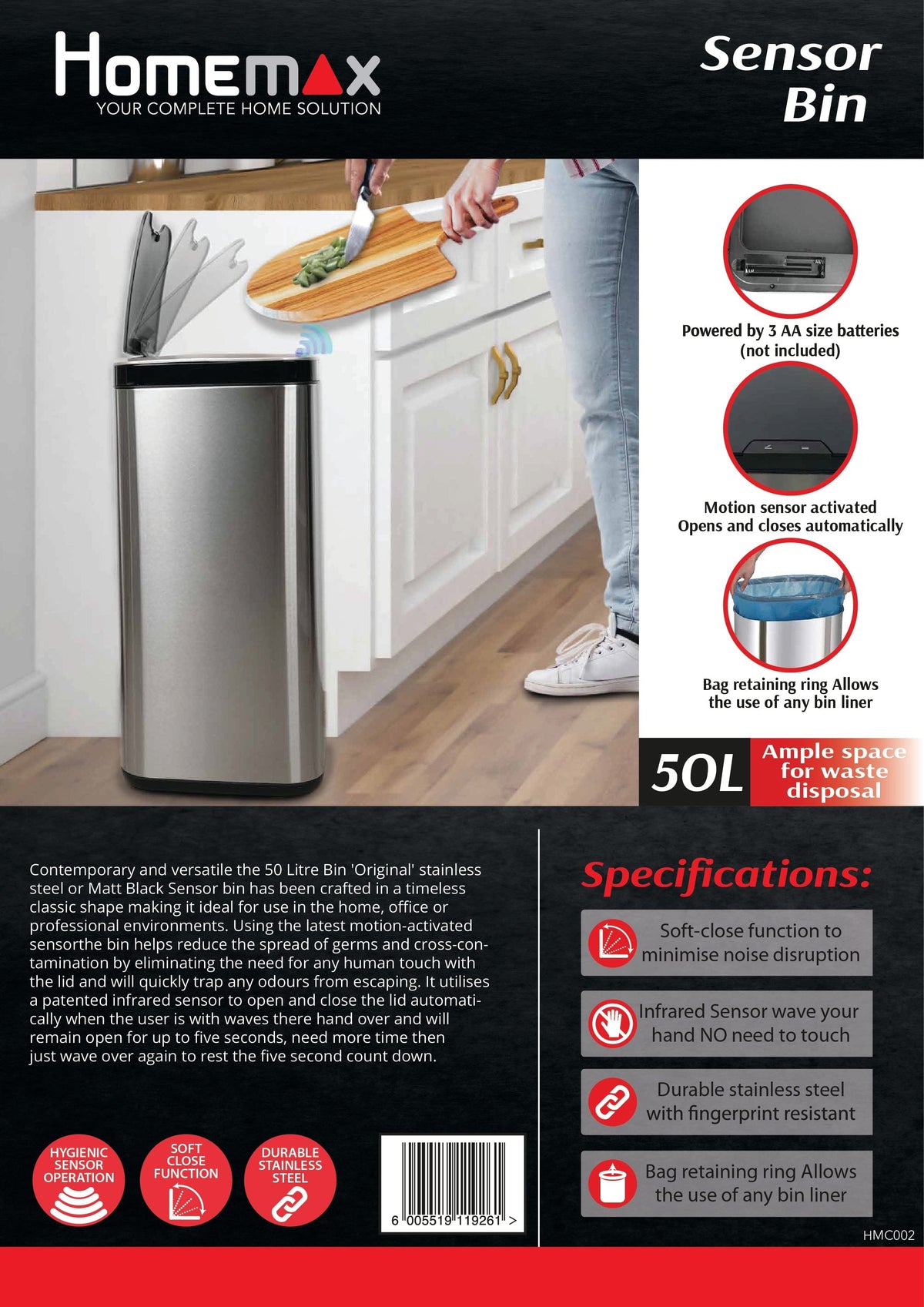 Homemax Bin Homemax 50L Black Sensor Bin HSB003 (7664332963929)