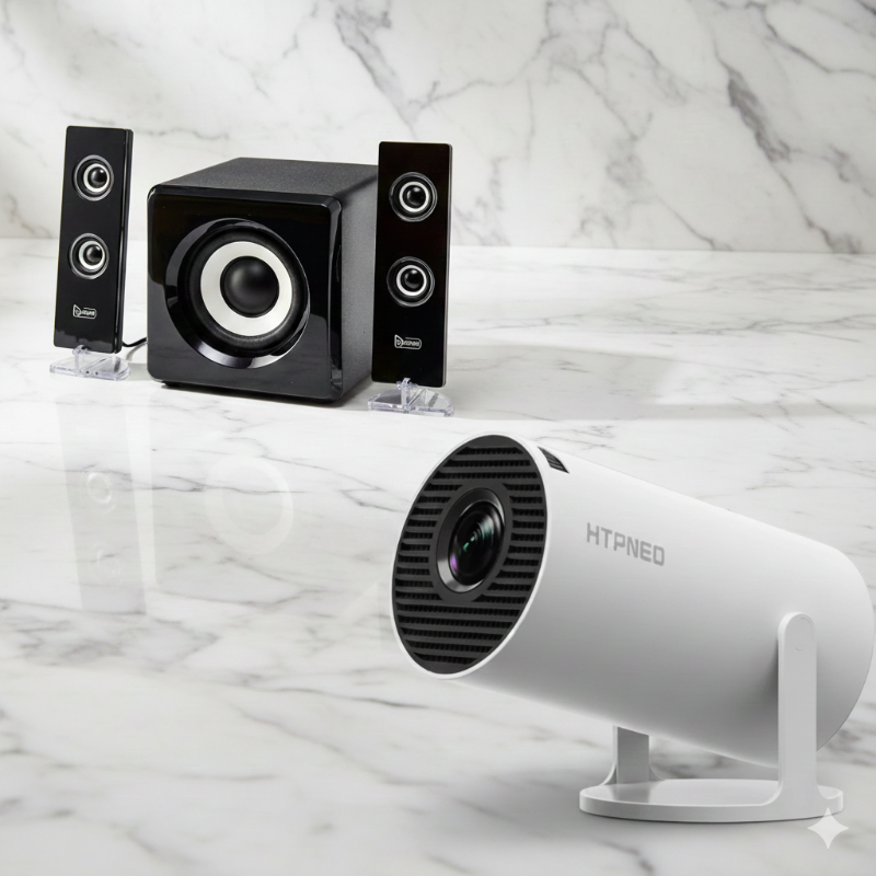 HTPNEO Projector HTPNEO H66 Portable Projector + Audiomate SP2719/SP3000U/SP3500B Speakers With Sub (AUX)