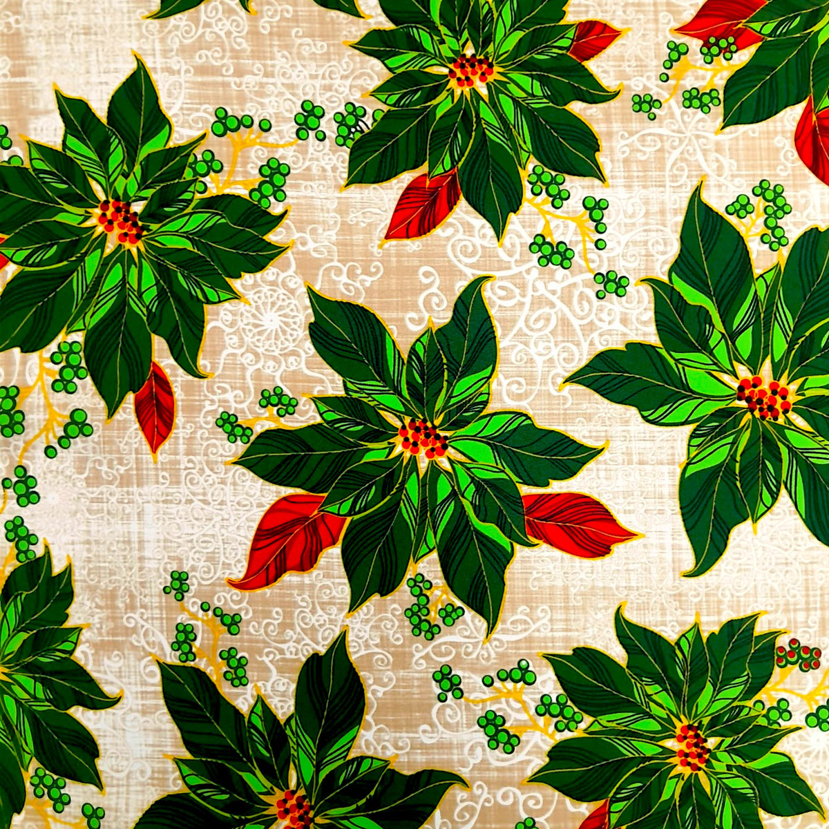 Fabric Printed Mini Matt Christmas Festive Poinsettia 140 cm.