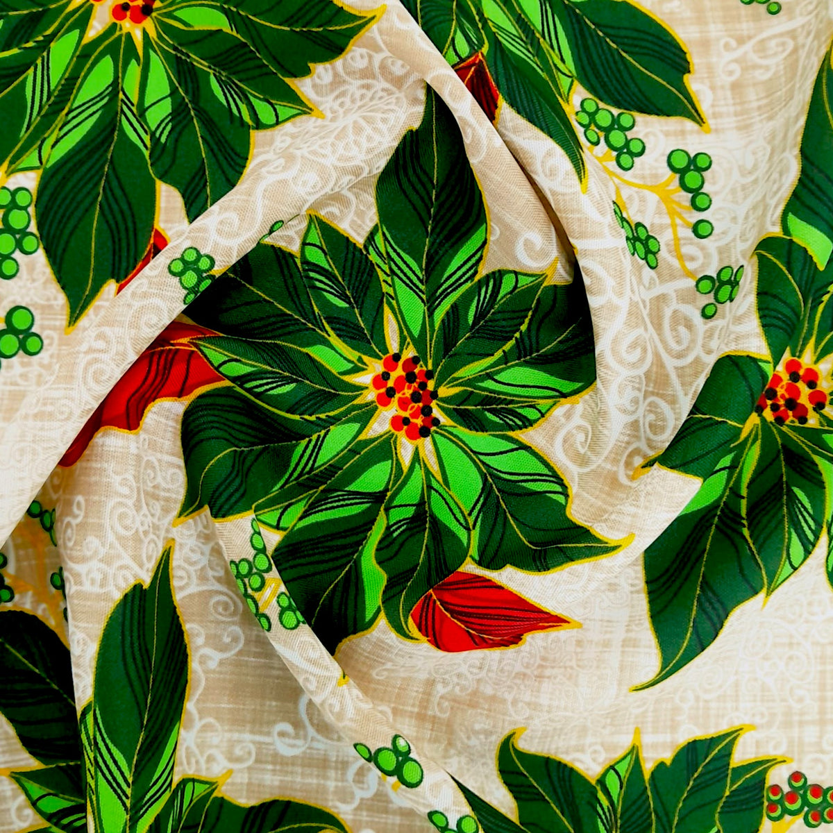 Fabric Printed Mini Matt Christmas Festive Poinsettia 140 cm.