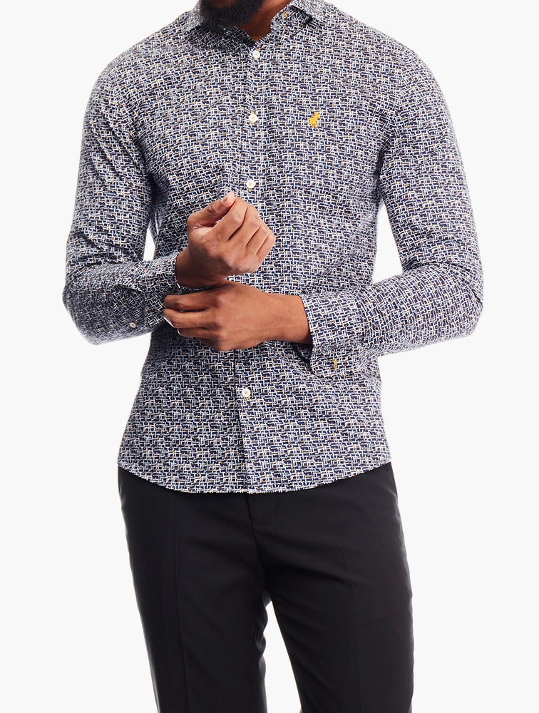 Polo Men's Long Sleeve Navy Geometric Print 0070621