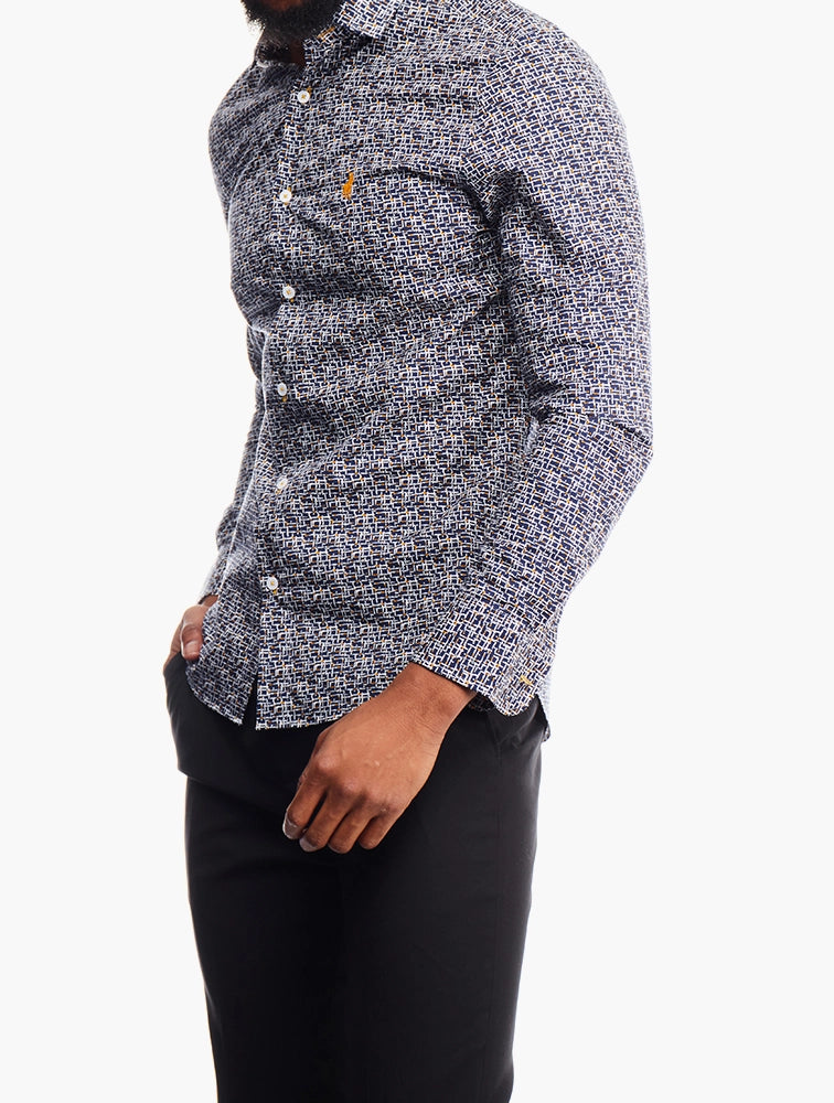 Polo Men's Long Sleeve Navy Geometric Print 0070621