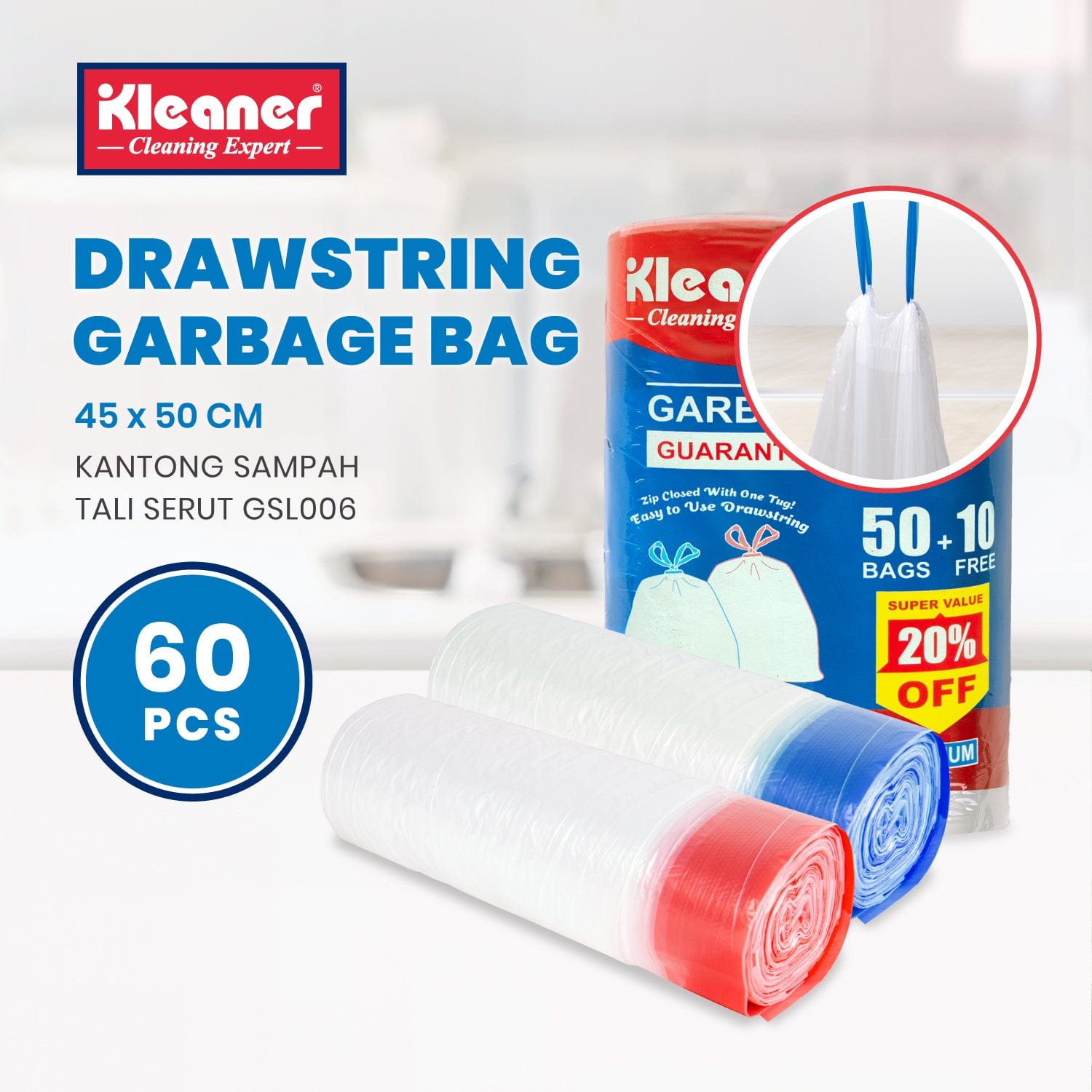 Kleaner Refuse Bags Kleaner Garbage Bag Medium 60 Sheets 10 Litres GSL006 (7881027649625)