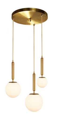 K Light 3E-KLCH-108-3/P 230v 40W E27 Fizz Pop Opal White Glass on a Plate Antique Brass and Gold Fabric Cord