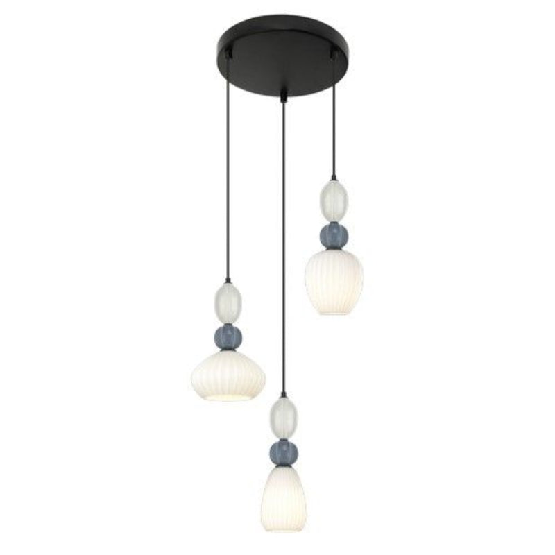 K Light A-KLCH-9570-3 230V 40W E14 Ceramic Opal/Grey Cluster Pendant with Off-White & Blue-Grey Ceramic & Opal White Glass Shade