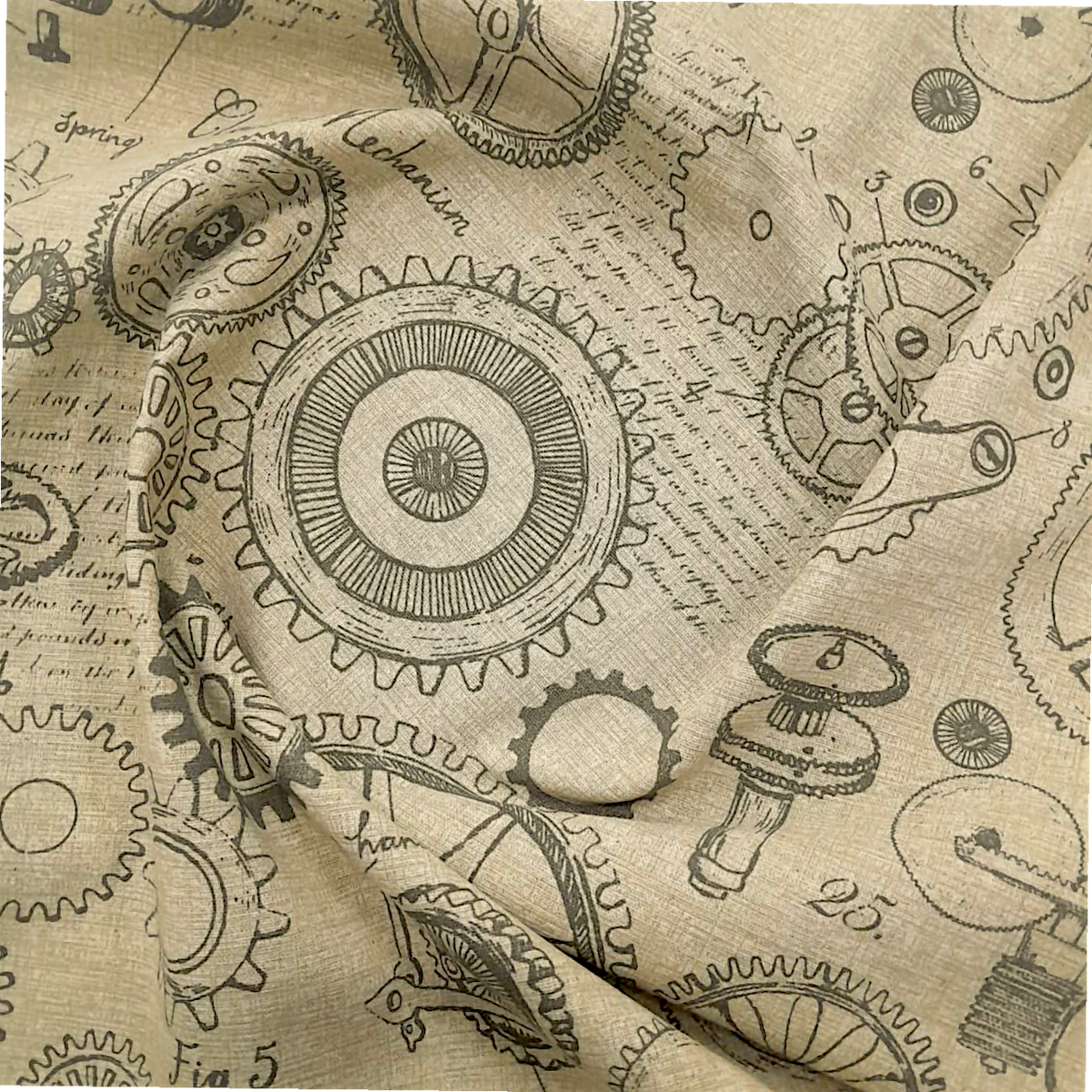 Fabric Printed Poly Linen Gears 150 cm.