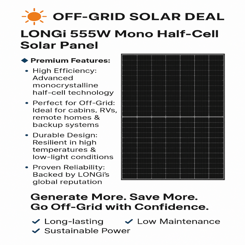LONGi Solar Panels LONGi 555W Mono Half-Cell Solar Panel – High Efficiency Off-Grid Power