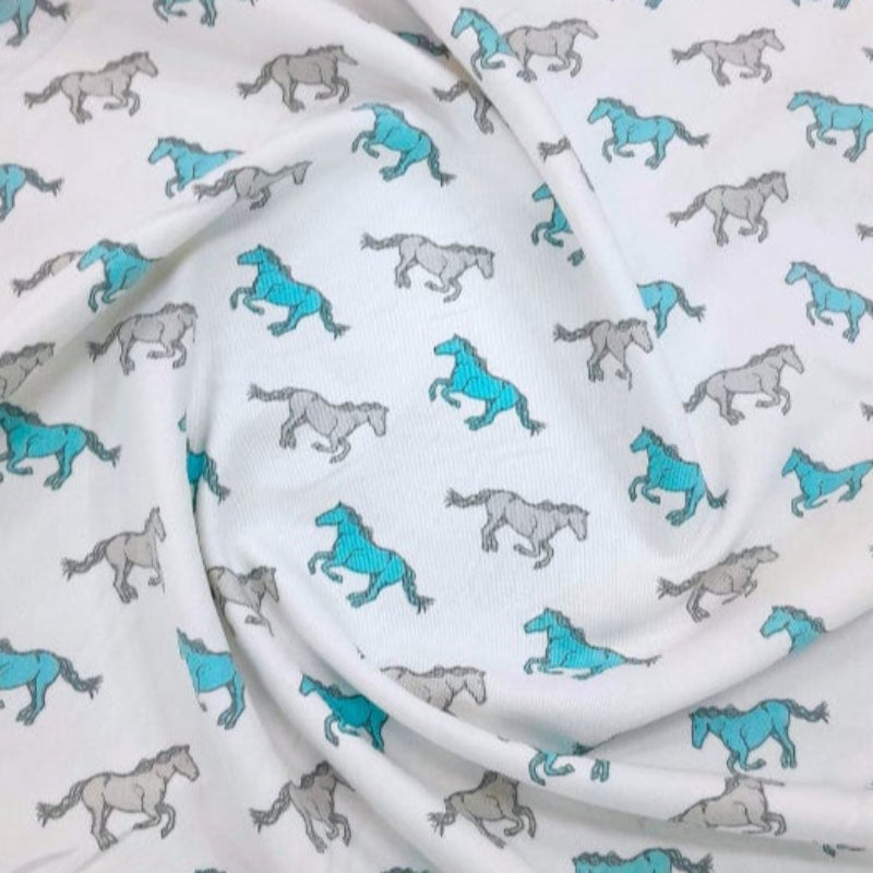 LOOM CRAFT PRINTED FABRIC Blue 100 % Printed Cotton Horses Collection 140 cm