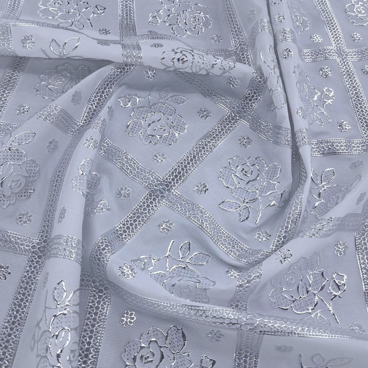 Loomcraft Fabrics Plastic Tabling Tablecloth PVC Lace Silver 137 cm