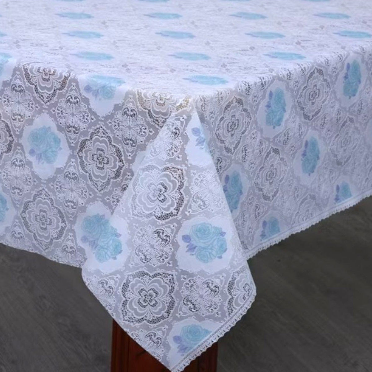 Loomcraft Fabrics Plastic Tabling Tablecloth PVC Lace White/Blue 137 cm