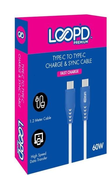 Loopd Charging Cable Loopd Type C To Type C Cable 60W 1.2M-White/Blue (7672133386329)