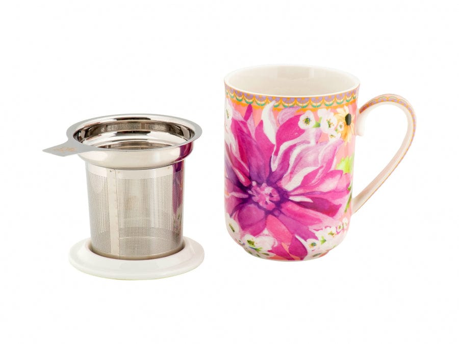 Maxwell & Williams MUGS Maxwell & Williams Dahlia Daze Lidded Mug With Infuser 340ML Pink HV0360 (2077471539289)