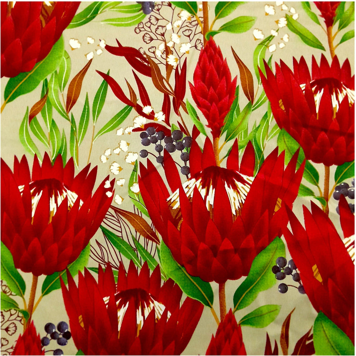 Mazztex Aadil Mini Matt Fabric Cream Printed Mini Matt Protea Flowers 140 cm