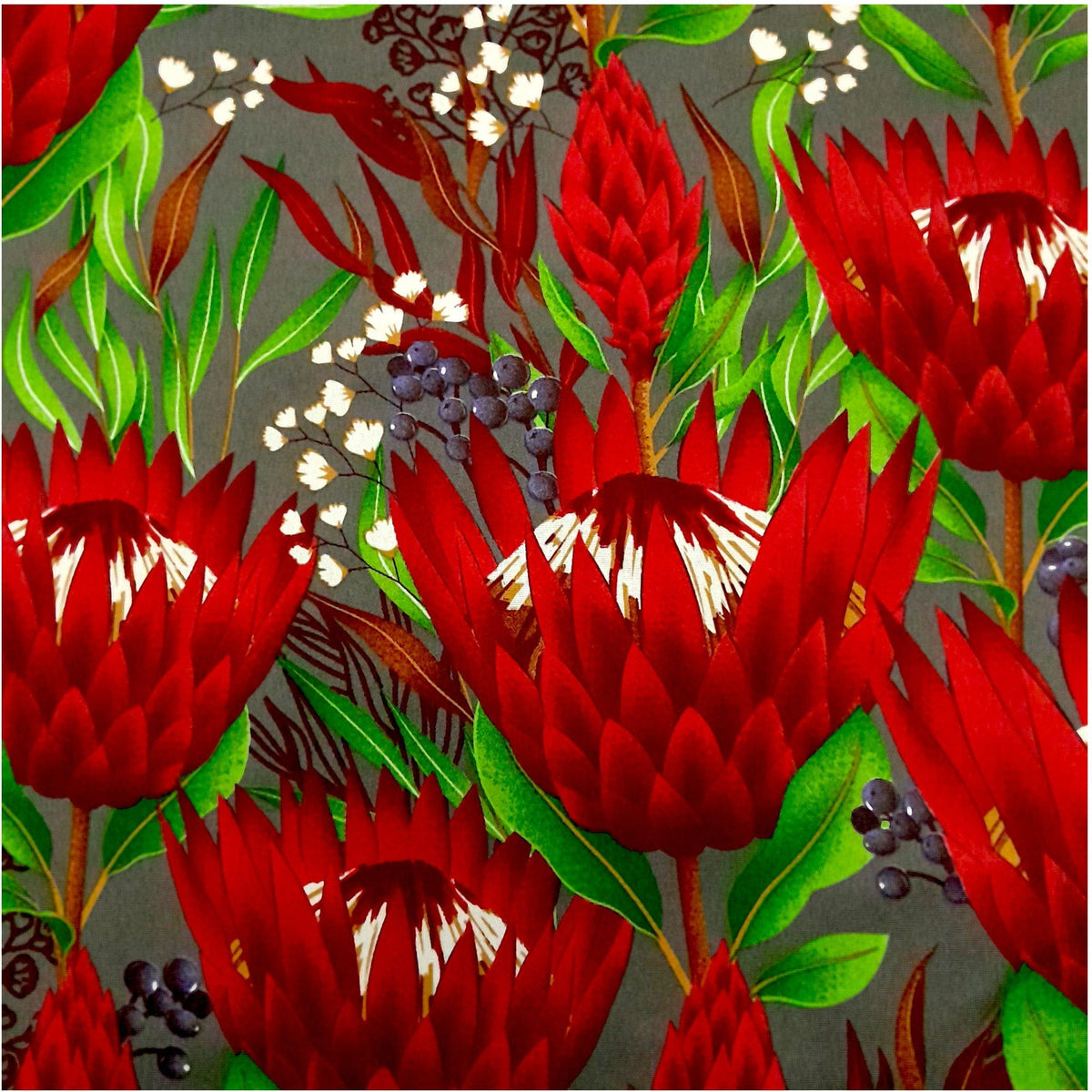 Mazztex Aadil Mini Matt Fabric Grey Printed Mini Matt Protea Flowers 140 cm