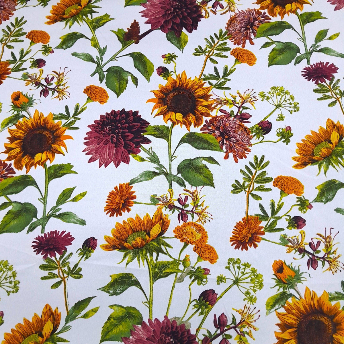 Mazztex Aadil Mini Matt Fabric White Printed Mini Matt Sunflower 140 cm