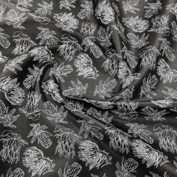 MH JOOSUB Printed Vinyl Printed Vinyl Black Printed Vinyl Protea Leaves Collection 140 cm (7799187963993)