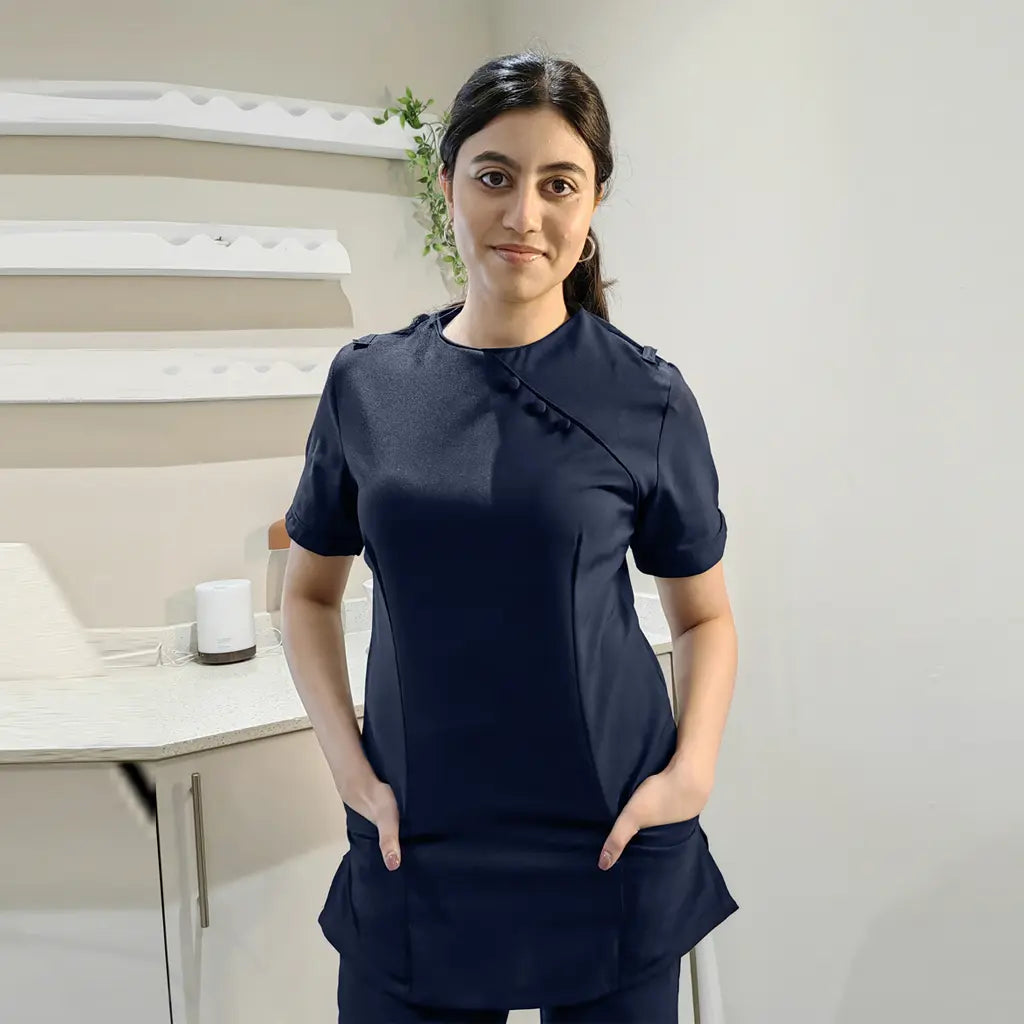MHC World BONSONS WORKWEAR Bobsons Guanzhou 3 Button Round Neck Tunic Blouse -Navy  BL3047BM