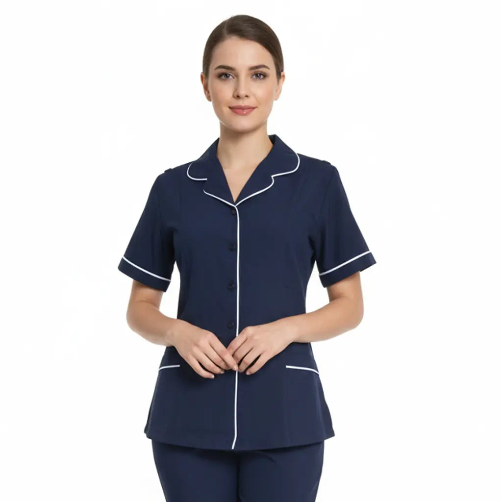 MHC World BONSONS WORKWEAR Bobsons Larimar Nurse Button Up Tunic Blouse -Navy/White N110BM
