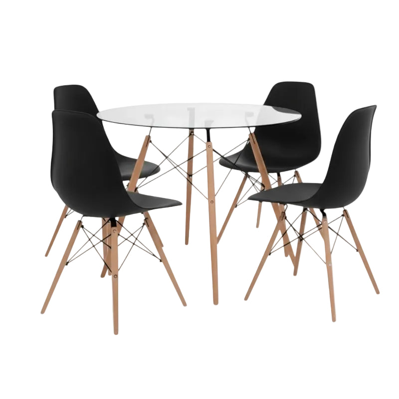 MHC World dining tables Round Clear Glass Table & Black Chairs 5pc