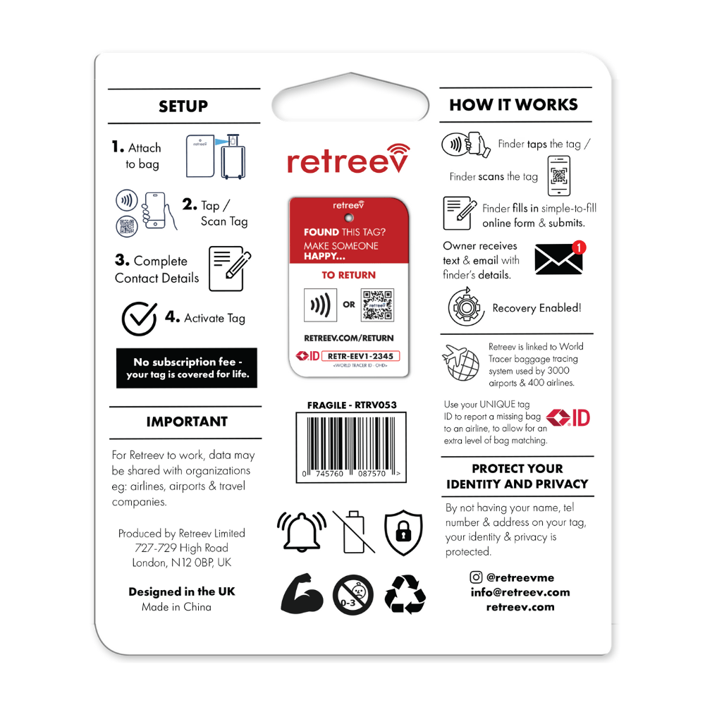 MHC World luggage tags Retreev Smart Tag - Fragile (7395486728281)