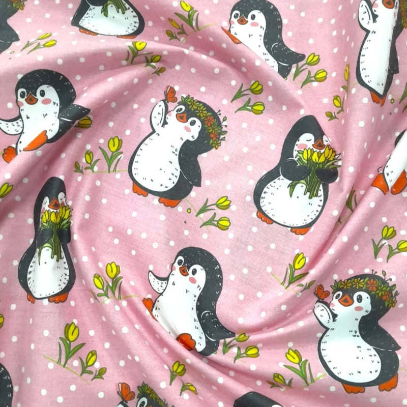 MHC World Sheeting Fabrics Pink 100% Printed Cotton Percale Sheeting Penguins 240 cm