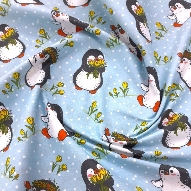 MHC World Sheeting Fabrics Sky Blue 100% Printed Cotton Percale Sheeting Penguins 240 cm