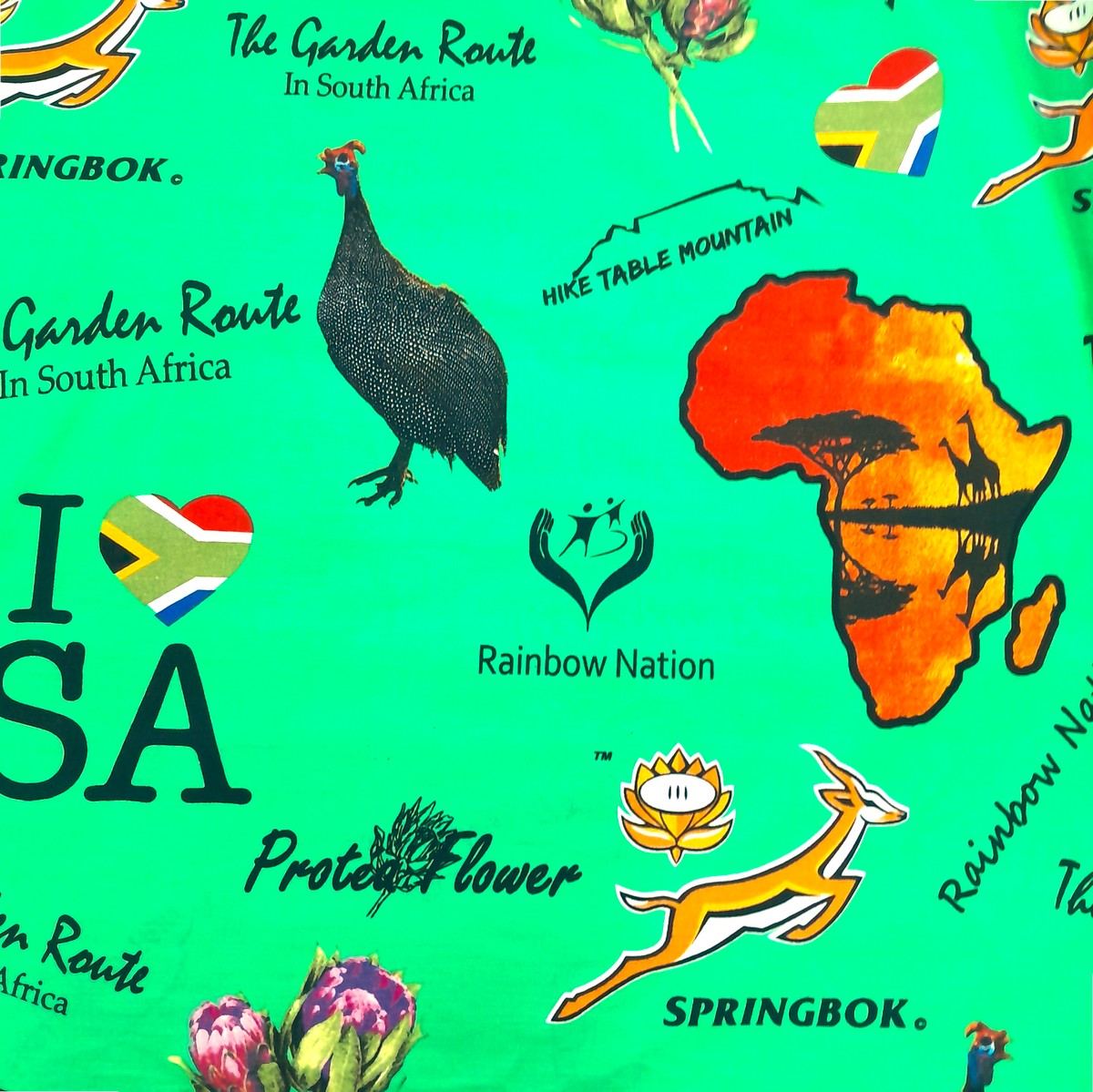 mishi k textiles Cotton Fabric Green 100 % Printed Cotton Tourism S.Africa 240 cm