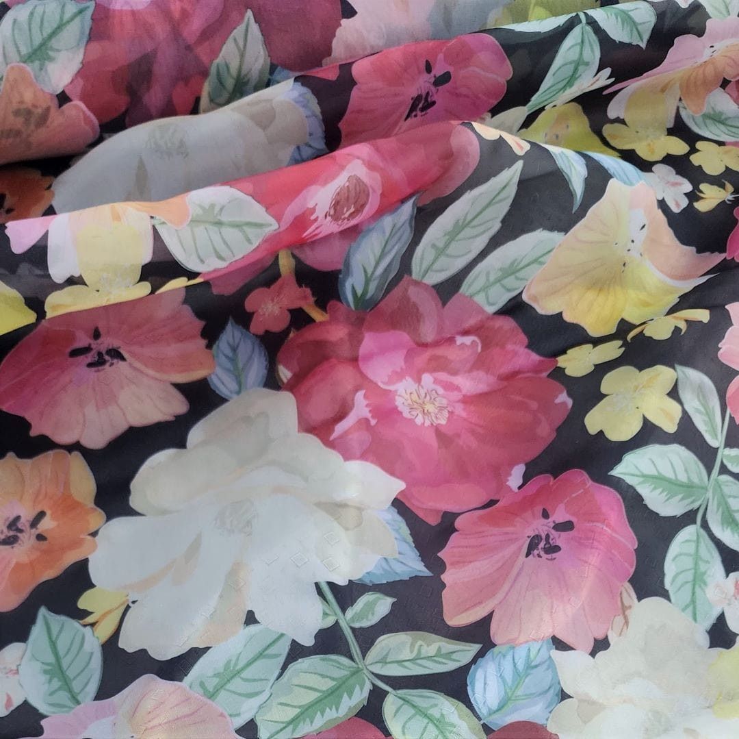 ORGANDY Dress Fabrics Printed Organdy Fabric Black/Pink Floral 150cm