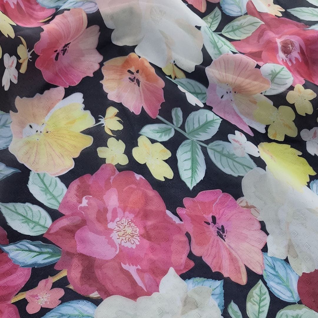 ORGANDY Dress Fabrics Printed Organdy Fabric Black/Pink Floral 150cm
